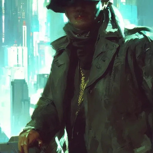 Image similar to imposing cyberpunk gangster with god rays by john singer sargent, syd mead, craig mullins, finnian macmanus, sung choi, ruan jia. cinematic keyframe concept art on artstation