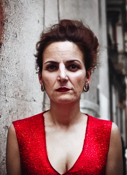 Image similar to color portrait of a beautiful 35-year-old Italian woman, wearing a red outfit, candid street portrait in the style of Mario Testino close up, detailed, award winning, Sony a7R