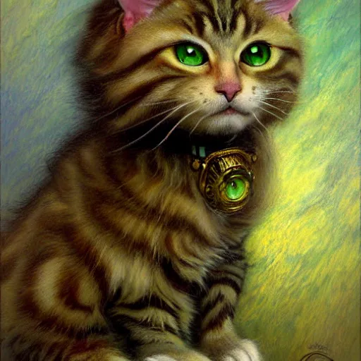 Prompt: portrait fluffy tabby cat feline with green human eyes wearing a suit. shadowrun furaffiniy furry art cyberpunk fantasy highly detailed painting by gaston bussiere craig mullins jc leyendecker gustav klimt artgerm greg rutkowski john berkey, bergey, craig mullins, ruan jia, raymond swanland, jeremy mann, tom lovell, alex malveda