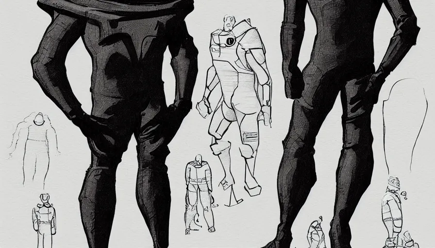 Image similar to male, elongated figure, space suit, sketch, large shoulders, tiny feet, character sheet, very stylized, digital art, illustration, pen and ink, by mike mignola, by alex maleev