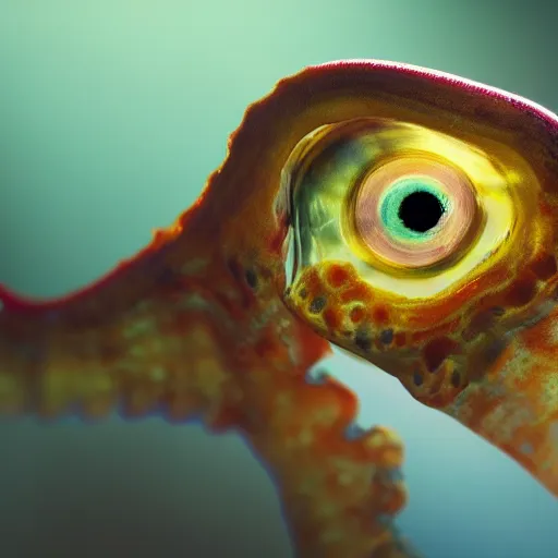 Image similar to fiery whimsical emotional eyes cephalopod, in a photorealistic macro photograph with shallow dof