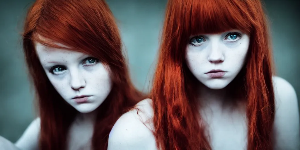 Prompt: a portrait of a sad gothic redhead girl, cinematic lighting, cute