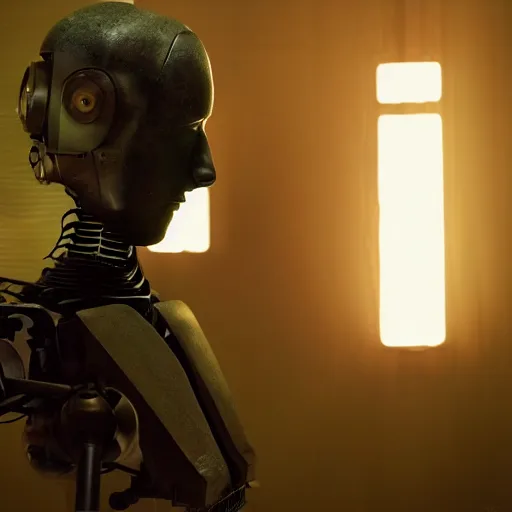 Image similar to movie scene of a man with a robot head, movie still, acting, cinematic composition, cinematic lighting, Movie by David Lynch and Andrzej Żuławski