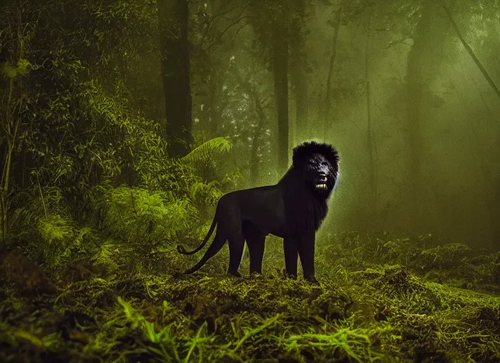 Image similar to professional wildlife photograph of a black lion standing in a foggy misty black dark jungle at night, surrounded by dense dark trees at night, moss, ferns, cinematic lighting, apex predator, natgeo