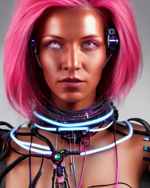 Prompt: portrait of a beautiful tanned woman with pink hair as a cyberpunk cyborg half robot, revealing wires and electronics, hooked - up, sci - fi, missing panels, intricate abstract upper body intricate artwork, concept art, octane render, deviantart, cinematic, key art, hyperrealism, iridescent accents, portrait photograph, nikon 3 5 mm, photograph by greg rutkowski