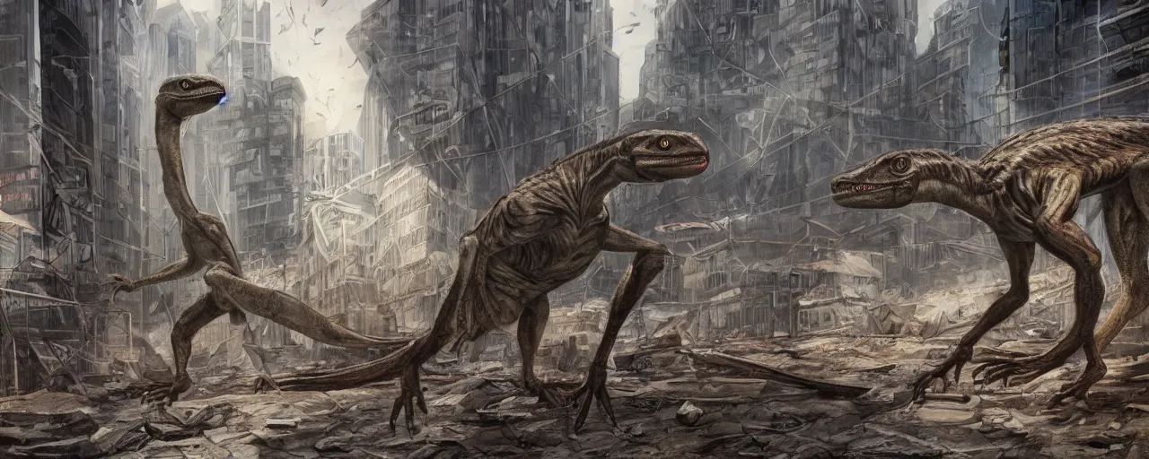 Image similar to An artwork of a velociraptor in a dystopian city, paleo art, brutalism