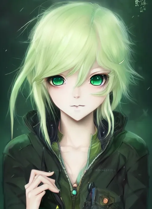 Image similar to very cute and beautiful anime girl portrait with highly detailed green eyes and pastel yellow hair, with intricate details, in professional modern anime style, made by ross tran, wlop, laica chrose, fashionable cute anime girl,