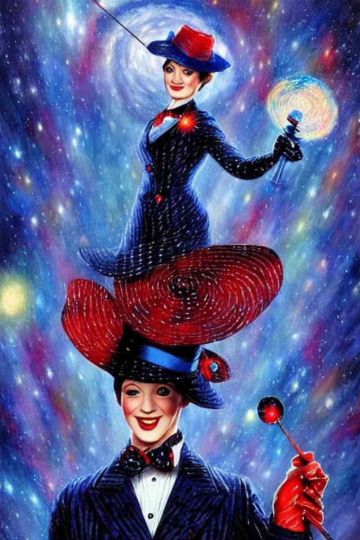 Image similar to beautiful oil painting with high detail of Marry Poppins made of stars and plasma; seemlessly blending wirh the cosmos, art direction by James Cameron ;by artgerm; wayne reynolds art station; cinematic quality character render; low angle; ultra high quality model; production quality cinema model; marry Poppins escher punk