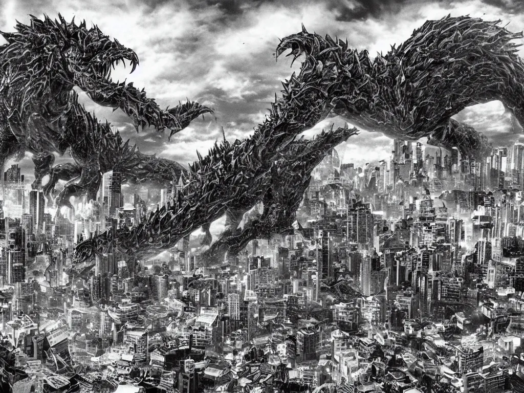 Image similar to Heisei era Biollante kaiju destroying a city