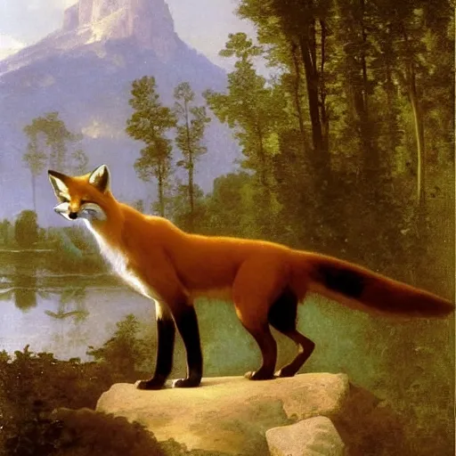 Image similar to An animal portrait of a fox in a flowing dress by Robert Cleminson and William-Adolph Bouguereau, forest and rivers in the background by Albert Bierstadt