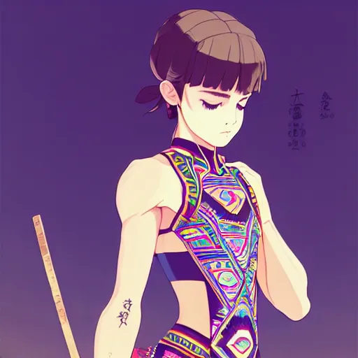 Image similar to a beautiful boyish emma watson alluring instagram model, wearing japanese hiphop aztec leotard outfit with mayan pattern and native style, aztec street fashion bathing suit, botw style, gapmoe yandere grimdark, trending on pixiv fanbox, painted by greg rutkowski makoto shinkai takashi takeuchi studio ghibli, akihiko yoshida