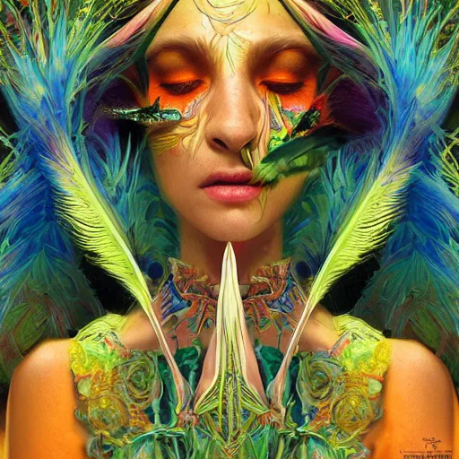 Image similar to A reality bending psychedelic ayahuasca experience, colorful, distorted, surreal, tropical bird feathers, dramatic lighting on the face, intricate, elegant, highly detailed, fire flies, digital painting, concept art, smooth, sharp focus, illustration, art by Krenz Cushart and Wayne Barlowe and alphonse mucha