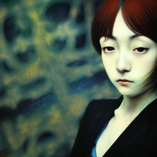 Image similar to yoshitaka amano blurred and dreamy realistic three quarter angle portrait of a young woman with short hair and black eyes wearing office suit with tie, junji ito abstract patterns in the background, satoshi kon anime, noisy film grain effect, highly detailed, renaissance oil painting, weird portrait angle, blurred lost edges