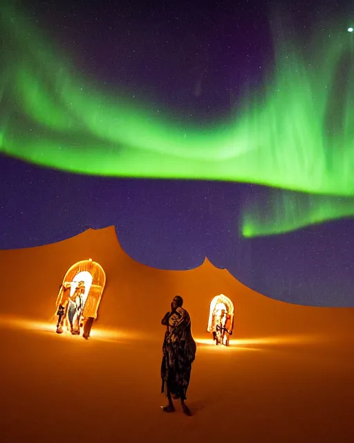 Prompt: Sahel Tuareg musicians dance party opens a fourth dimensional geometric laser neon portal to the north pole, aurora borealis emanates with opalescent light, surrealism, neo-romanticism, rule of thirds