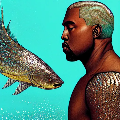 Image similar to portrait of kanye - west as a fish, with shimmering scales as skin, swimming underwater!!!, intricate, extremely detailed, digital painting, artstation, concept art, smooth, sharp focus, illustration, ambient lighting, art by artgerm and greg rutkowski and alphonse mucha and simon stalenhag