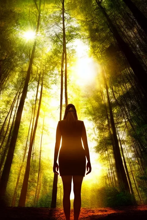 Prompt: hyperrealistic mithra as a woman standing in a forest sun behind him concept art eric zener elson peter cinematic side soft yellow light low angle hd 8k sharp shallow depth of field