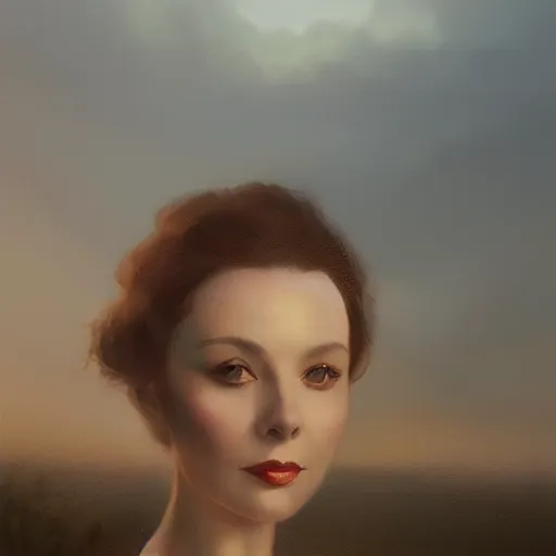 Image similar to a closeup portrait of a young vivian leigh, lake background, gorgeous view, sunset, film noir, serene, depth, by greg rutkowski, digital art, trending on artstation