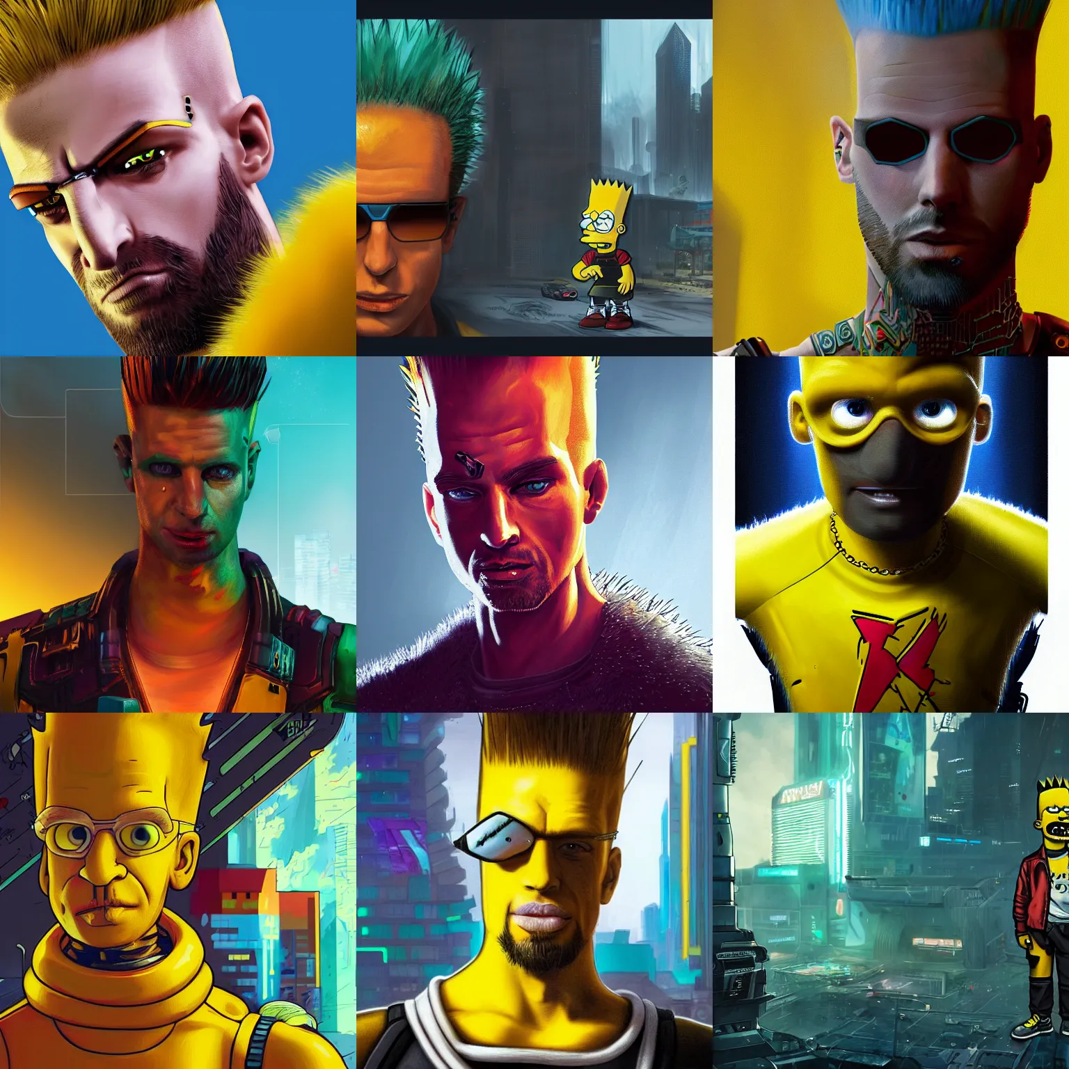 Prompt: portrait of Bart Simpson, with a mohawk, as a character in Cyberpunk 2077, looking at camera, intricate, dystopian, sci-fi, extremely detailed, cartoon, artstation, concept art