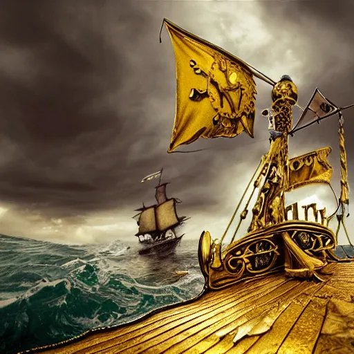 Image similar to Extremely detailed photo-realistic Beautiful Pirate Golden Galleon encrusted with gold and gems flying the JollyRoger flag, by erik johansson in a stormy sea