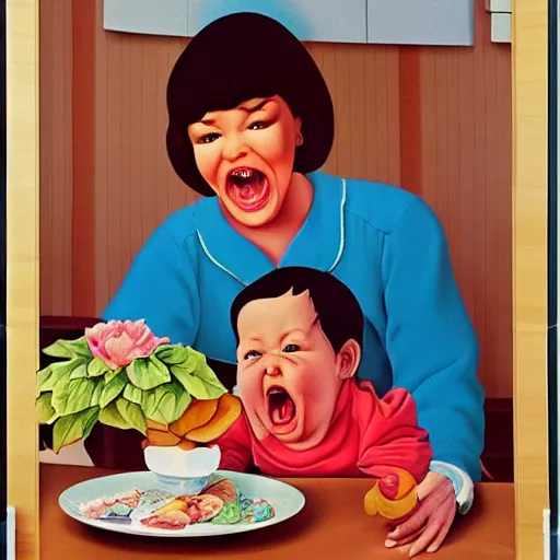 Image similar to hyper realistic hight detailed grandmother with a big mouth eating a baby on the table in the russian kitchen on the wall hangs a rug, style by hiroshi nagai, bright colors