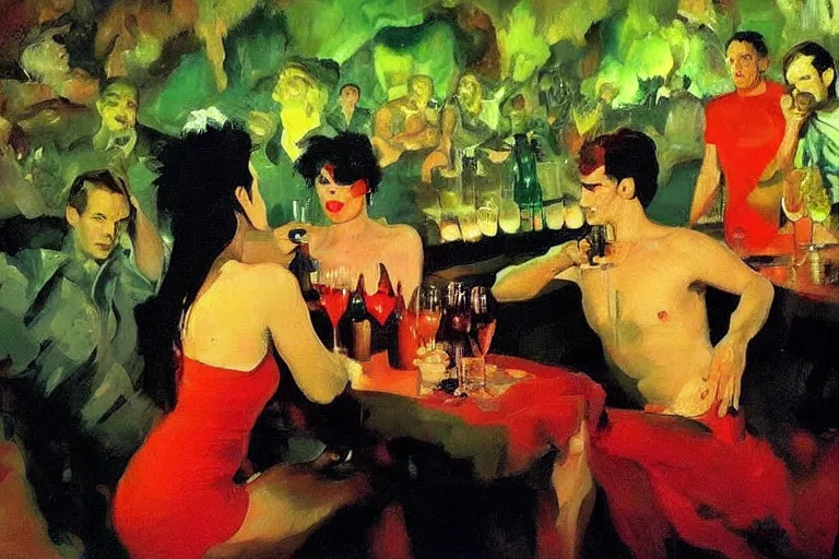 Image similar to glam rockers drinking brutal and raw wine, inside a green cave with red lights by joaquin sorolla, phil hale, extremely detailed, greek style