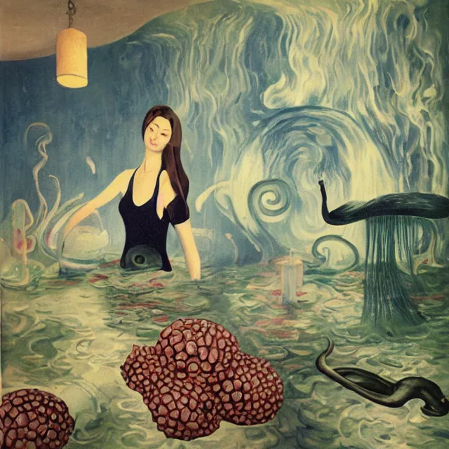 Image similar to tall female artist holding a nautilus in her flooded kitchen, pomegranates, octopus, water gushing from ceiling, painting of flood waters inside an artist's apartment, a river flooding indoors, candles, ikebana, zen, rapids, waterfall, black swans, canoe, berries, acrylic on canvas, surrealist, by magritte and monet