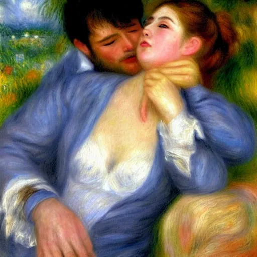 Image similar to in the style of Pierre-Auguste Renoir, I dreamt that we left all the pain and sorrows behind. We looked into our eyes as we placed our hands on each other’s chest, and all the love and happiness that had been dampened by our wounds emerged like a sprout. It felt like home. Our bodies were covered by soothing colors. Blue, violet, pink and white rays of light caressed our hearts, and suddenly, we were one. It was always meant to be that way, even though our heads tried to fool us in the past. We were one. ethereal lights, details, smooth, sharp focus, illustration, realistic, cinematic, artstation, award winning, rgb , unreal engine, octane render, cinematic light, macro, depth of field, blur, red light and clouds from the back, highly detailed epic cinematic concept art CG render made in Maya, Blender and Photoshop, octane render, excellent composition, dynamic dramatic cinematic lighting, aesthetic, very inspirational, arthouse.