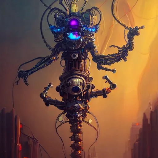 Image similar to biomechanical spider king, cyberpunk, bionics, augments, lights, cables, elegant gleaming intricate baroque jewellery, colorful, vivid, imposing, epic, digital painting, artstation, concept art, by peter mohrbacher and wlop and rhads,