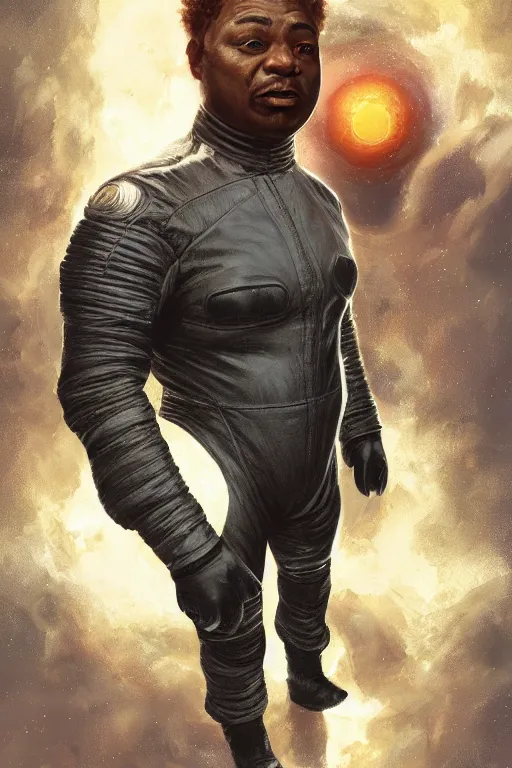 Prompt: portrait of a black man as baron harkonnen wearing leather spacesuit, detailed, sunshine, nebula space background, illustration by normal rockwell, artstation character art, adebanji alade, concept art, greg rutkowski