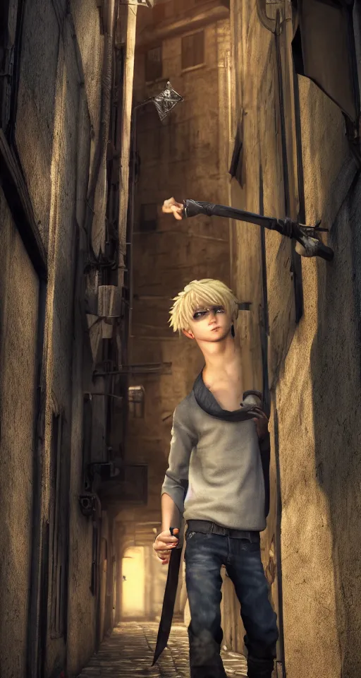 Image similar to A young blonde haired boy wearing thief clothes with daggers in an alleyway, epic fantasy, octane render, high detail, photorealistic, High details,4k