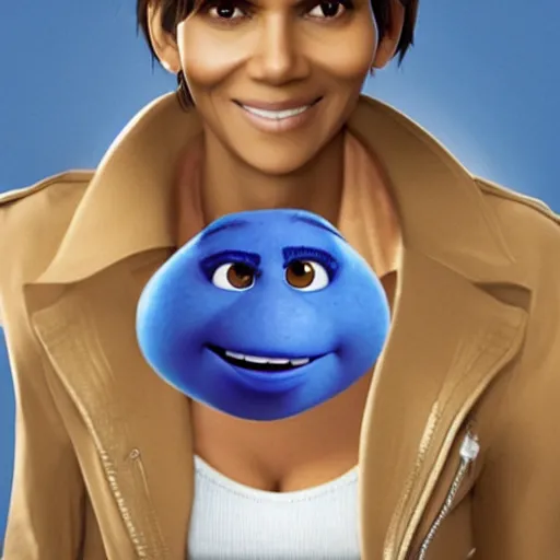 Image similar to halle berry as an anthropomorphic blueberry. pixar character