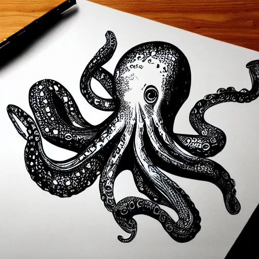 Prompt: relaxed octopus on moon, black and white ballpen drawing, stars