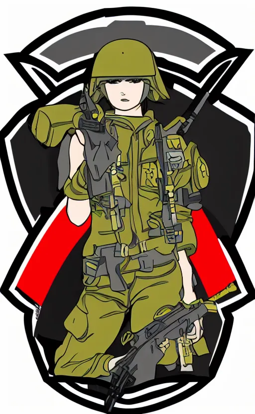 Prompt: patch design, soldier girl, 2022 anime, clean logo, insignia, soldier clothing, military gear, shirt designer, vector line art