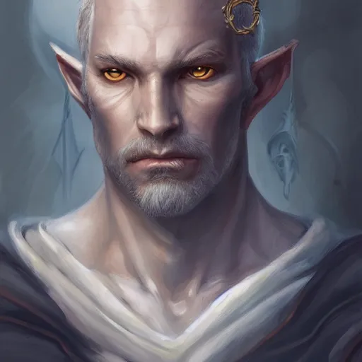 Prompt: a detailed matte head - on portrait painting of an middle - aged tiefling nobleman with white skin, golden eyes and short well kept hair, by charlie bowater, lise deharme, wlop, tending on arstation, dungeons and dragon, dnd, pathfinder, fanart, oil on canvas