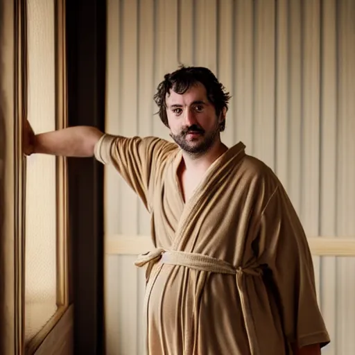 Image similar to richard iv the roman king, excited real human wearing beige bathrobe, soft studio lighting, sigma lens photo, he is dancing and has pregnancy belly