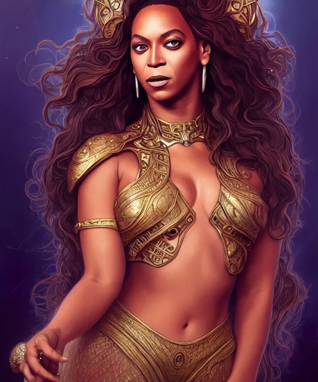 Image similar to Beyoncé as a fantasy magic woman portrait, sci-fi, amber eyes, face, long hair, fantasy, intricate, elegant, highly detailed, digital painting, artstation, concept art, smooth, sharp focus, illustration, art by artgerm and greg rutkowski and alphonse mucha