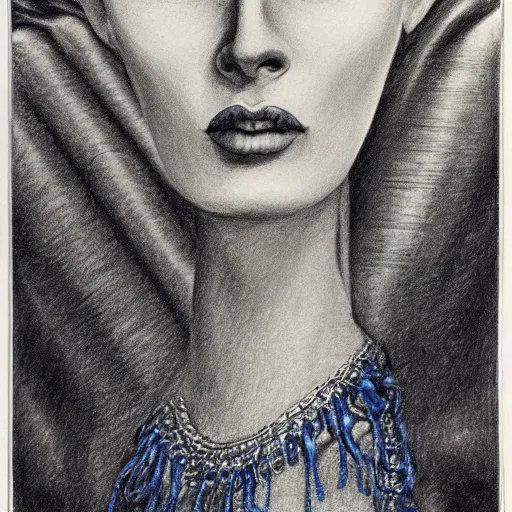 Prompt: Close-up of Norma Desmond, pencil drawing. El Greco, Remedios Varo, Salvador Dali, Carl Gustav Carus, John Atkinson Grimshaw. Blue tint. Symetrical, logo, geometric shapes.