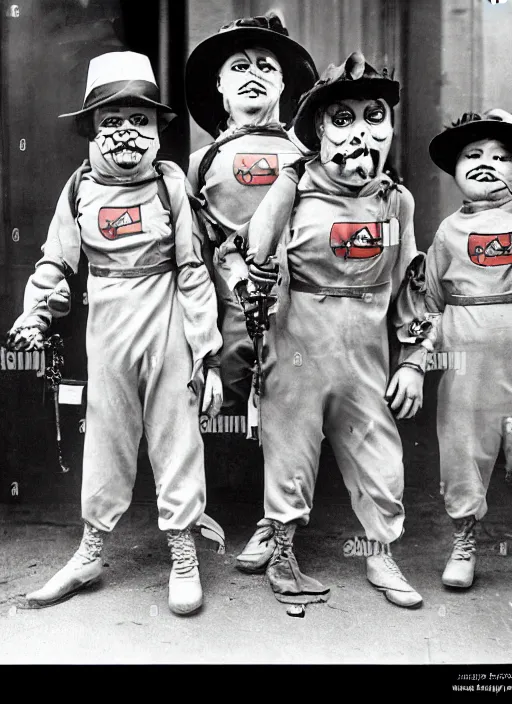 Image similar to photograph from 1903 of Halloween trick or treaters wearing Ghostbusters costumes, highly detailed, vintage film