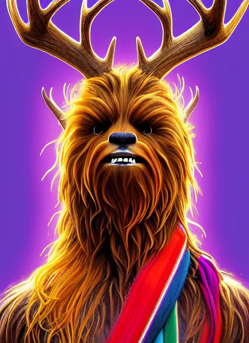 Image similar to symmetry! portrait of antlered chewbacca deer wearing a colorful scarf!, flowers, intricate, elegant, highly detailed, digital painting, artstation, concept art, smooth, sharp focus, illustration, art by artgerm and greg rutkowski and alphonse mucha, 8 k