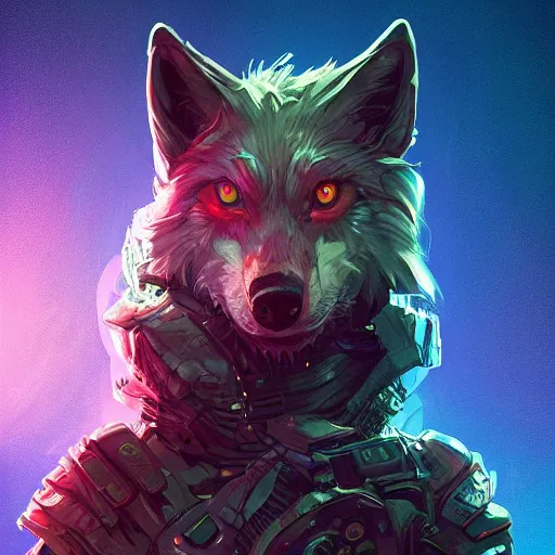 Prompt: a beautiful portrait of a cute mad biopunk wolf. intricate, epic lighting, cinematic composition, hyper realistic, 8 k resolution, unreal engine 5, by artgerm, tooth wu, dan mumford, beeple, wlop, rossdraws, james jean, marc simonetti, artstation