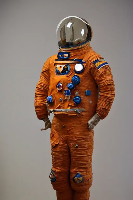 Prompt: a beautiful sculpture of a cosmonaut in space suit by christophe charbonnel, rust and plaster materials