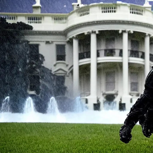 Image similar to a predator monster battling joe biden on the white house lawn during a storm, dramatic