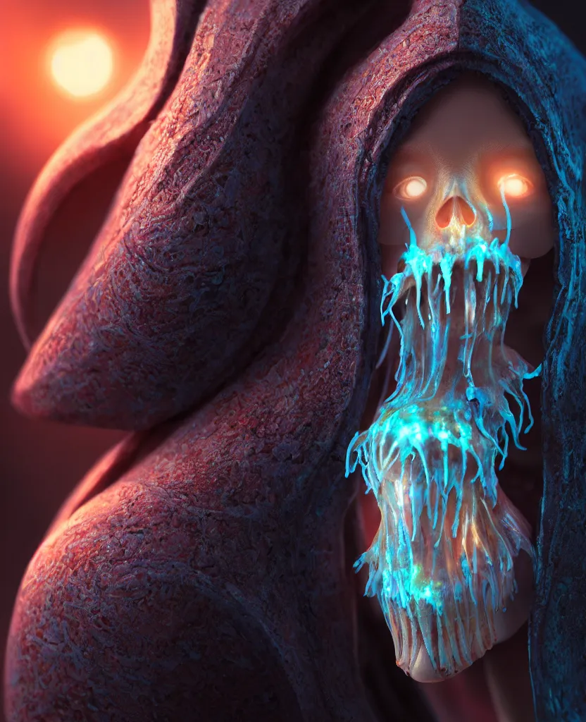 Prompt: hooded goddess close - up portrait hooded human skull, ram skull, squid phoenix jellyfish, orchid, betta fish, bioluminiscent, intricate artwork by tooth wu and wlop and beeple. octane render, trending on artstation, greg rutkowski very coherent symmetrical artwork. cinematic, hyper realism, high detail, octane render, 8 k