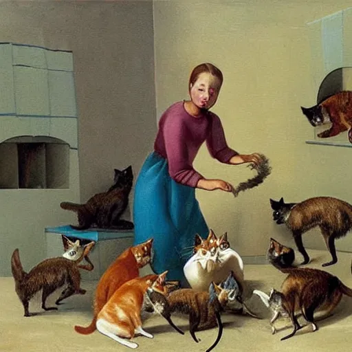 Image similar to an epic painting of a woman struggling to feed five cats in a small