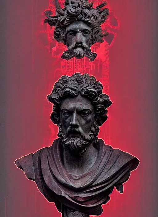 Image similar to dark design poster showing a statue of marcus aurelius, black background with very subtle red and purple design elements, powerful, nekro, vito acconci, thin straight lines, dark, glitch art, neo vaporwave, gritty, layout frame, square, trending on artstation