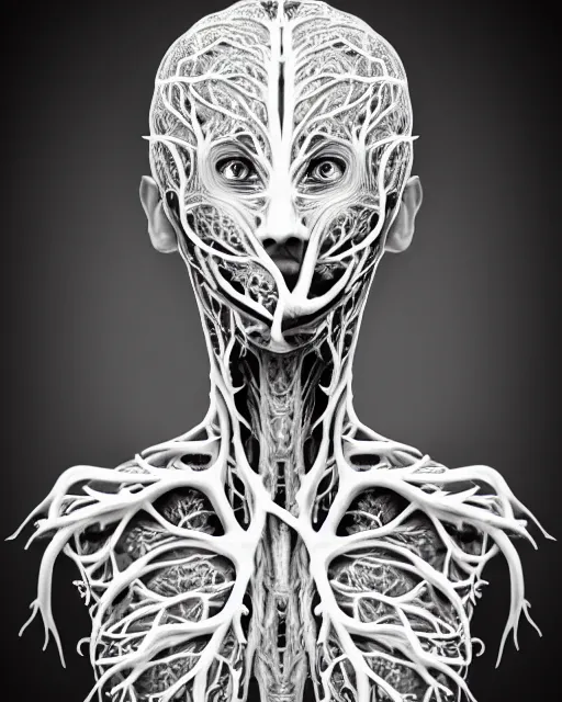 Image similar to a black and white high quality photo of a young beautiful female queen-vegetal-dragon-cyborg bust with a very long neck and Mandelbrot fractal face, Mandelbrot fractal skin, flesh, anatomical, facial muscles, veins, arteries, elegant, highly detailed, flesh highly baroque ornate, hair are wired cables, elegant, high fashion, rim light, octane render, in the style of Cindy Sherman, Realistic, Refined, Digital Art, Highly Detailed, Cinematic Lighting, rim light, black and white, photo-realistic, 8K