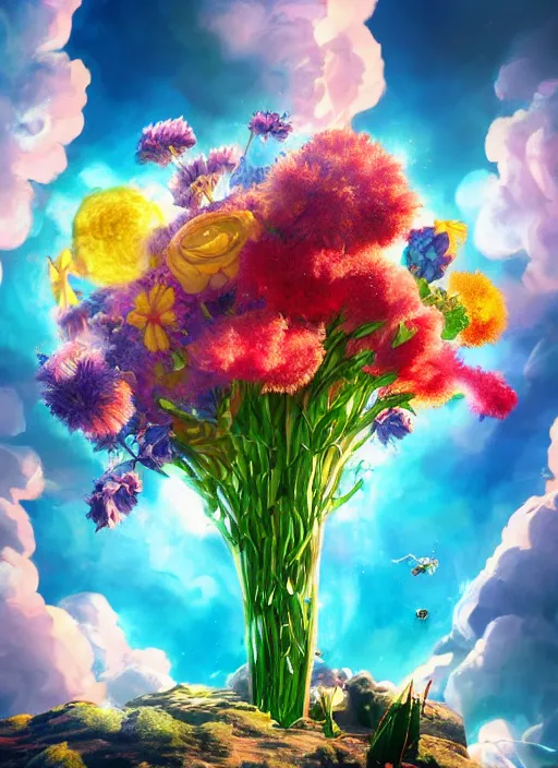 Image similar to An epic fantastic realism comic book style painting of the most beautiful flowers launched into space, bouquets, fisheye lens, unreal 5, DAZ, hyperrealistic, octane render, dynamic lighting