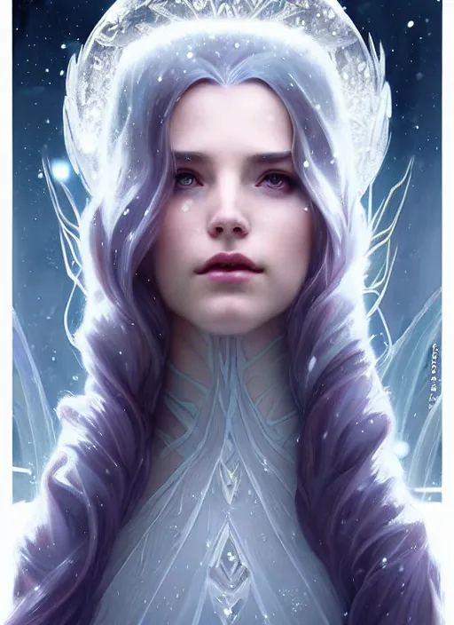 Image similar to a beautiful cinematic female winter goddess, cristal dress, ice wing, galatic shamen with quantum energy fantasy, fantasy magic, undercut hairstyle, dark light night, intricate, elegant, sharp focus, illustration, highly detailed, digital painting, concept art, matte, art by wlop and artgerm and greg rutkowski and alphonse mucha, masterpiece