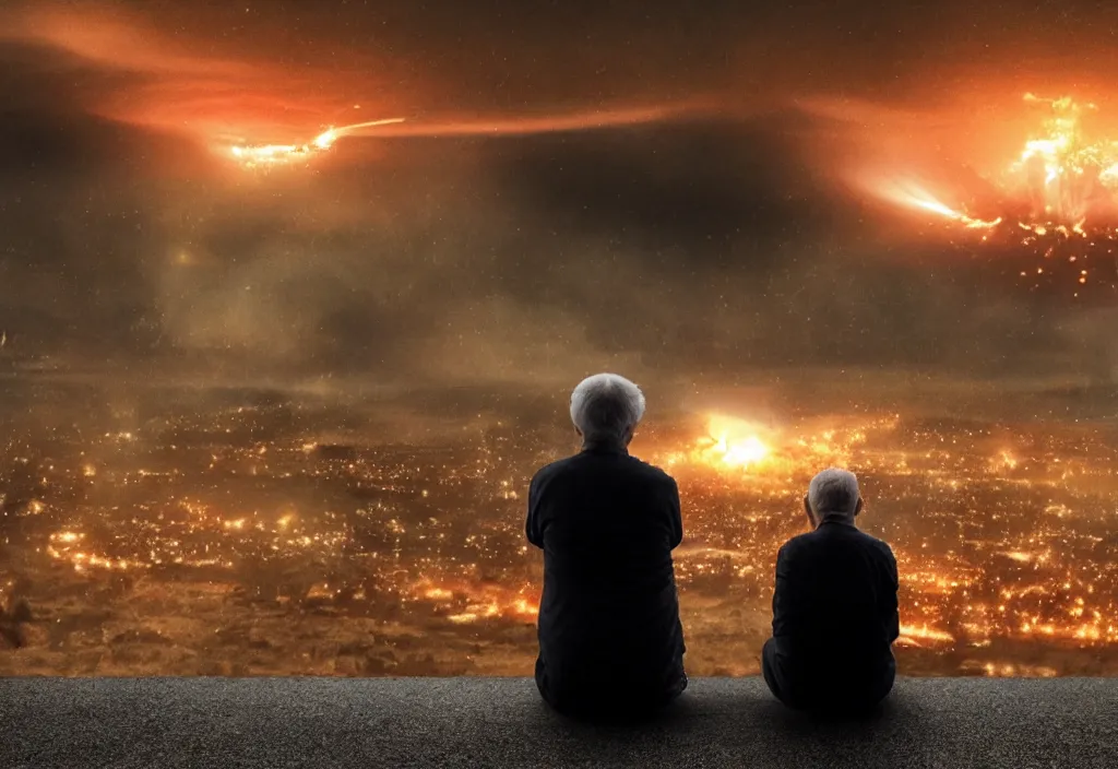 Image similar to old man sitting with black cat watching nuke explosion close up shot from behind, cinematic movie close up shot from behind, background blur bokeh, world ending nuke, 4 k