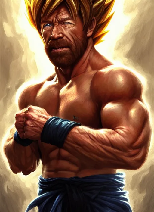 Image similar to portrait of aggressive chuck norris going super saiyan, d & d, muscular! storm! fantasy, intricate, elegant, highly detailed, digital painting, artstation, concept art, smooth, sharp focus, illustration, art by artgerm and greg rutkowski and alphonse mucha